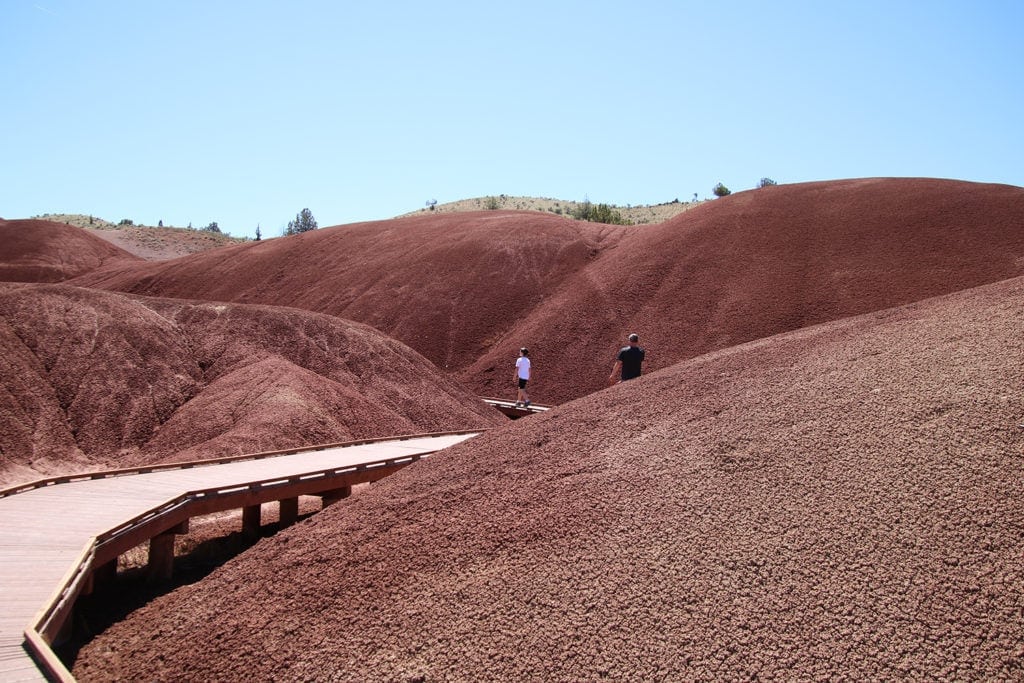 A view of painted cove trail in Oregon. It looks like a bunch of big red hills with a boardwalk that winds through the red hills.