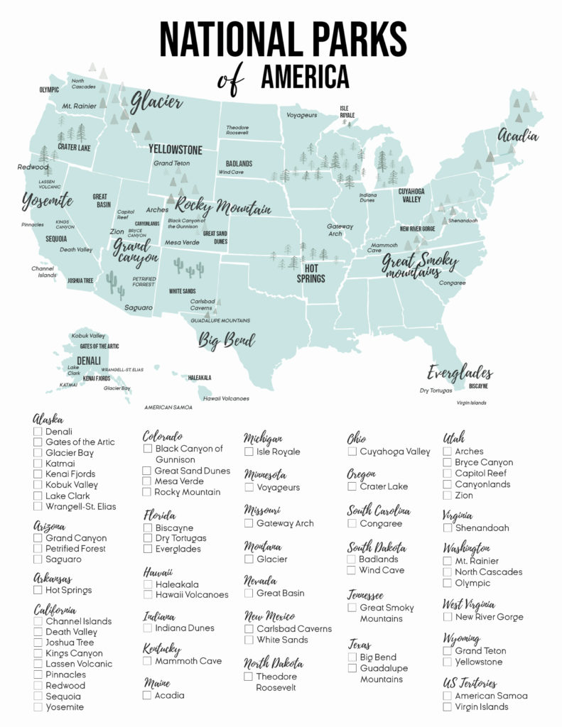 List of 20+ Printable checklist of national parks 9 U.S. National Park list by State (Free Printable Map & Checklist)