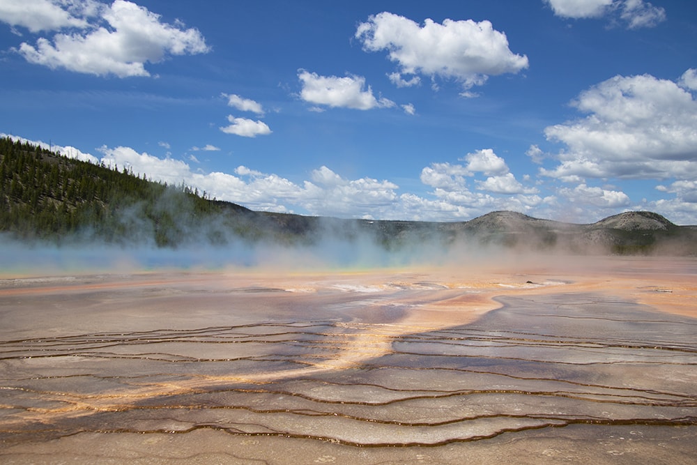 A close-up view of Grand Prismatic Hot Spring at Yellowstone.