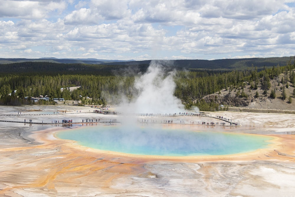 Overhead view of the colorful Grand Prismatic Hot Spring