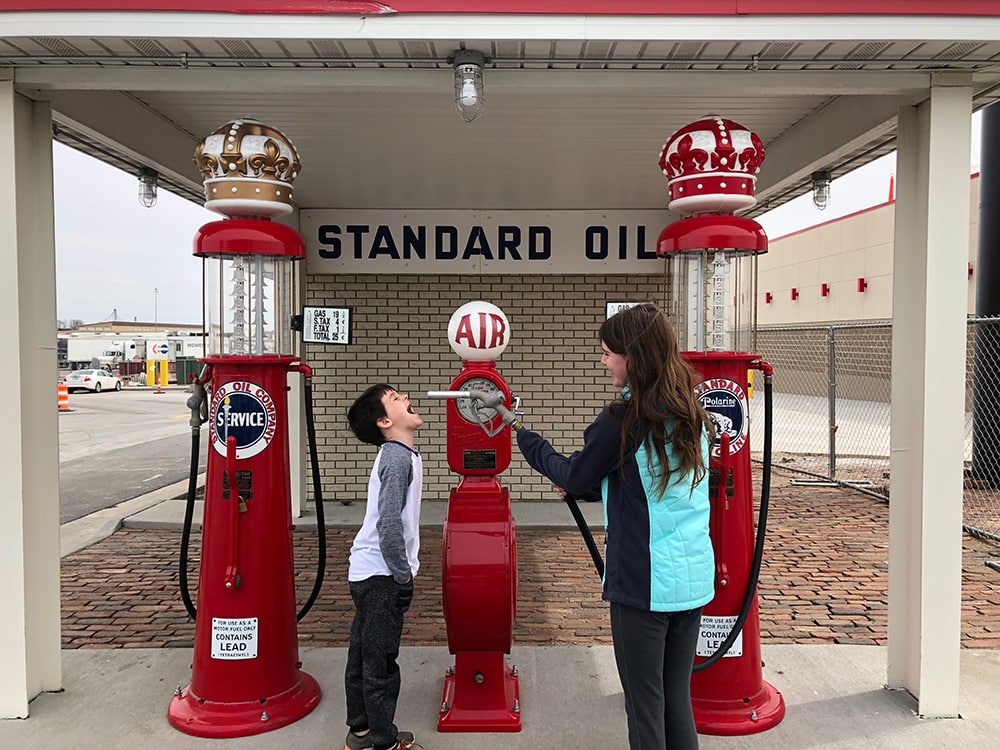 A picture of really old gas pumps at the world's largest truckstop