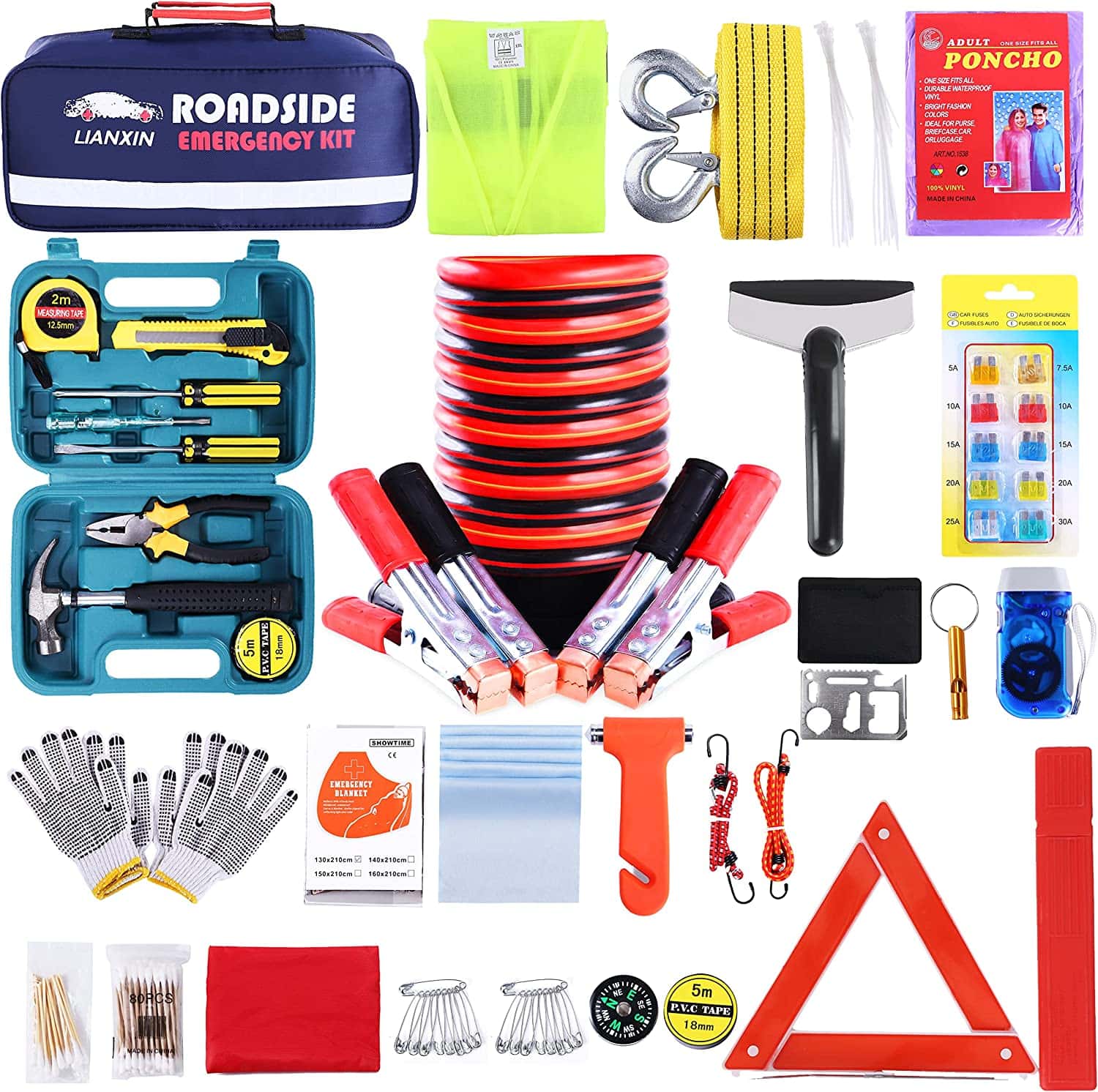 Items in a roadside emergency kit (tools, jumper cables, gloves, reflectors...)