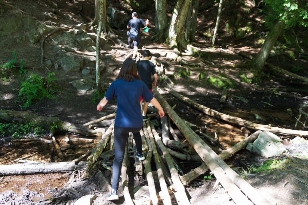 Kids crossing a very shallow stream.