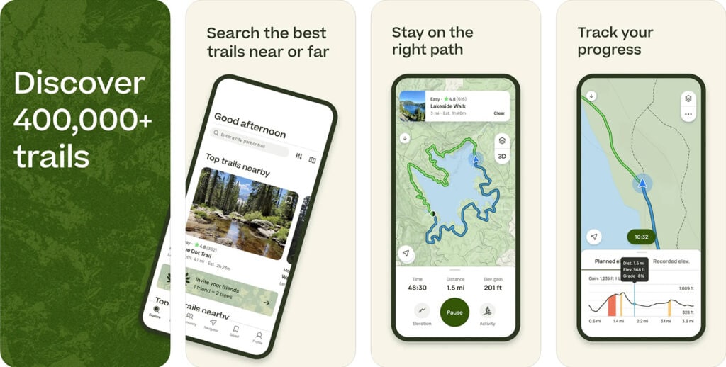 Screenshots of AllTrails app. They show examples of tracking your progress and searching for trails nearby.