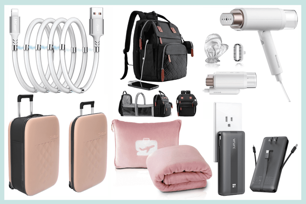 A collage of the best Amazon travel essentials.