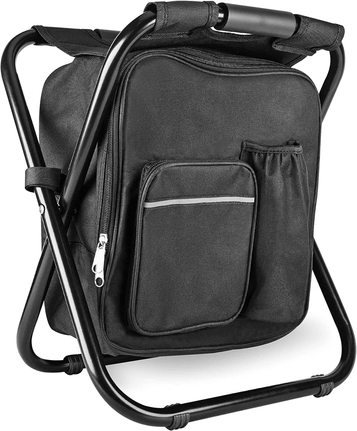 A black backpack that also transforms into a stool. Its the perfect travel companion.