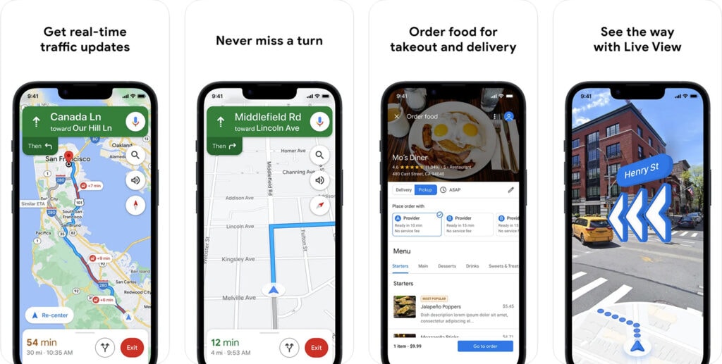 Multiple screenshots of what google maps is capable of. It shows real time traffic updates, never miss a turn navigation, order food for takeout, and use live view to show you the way.