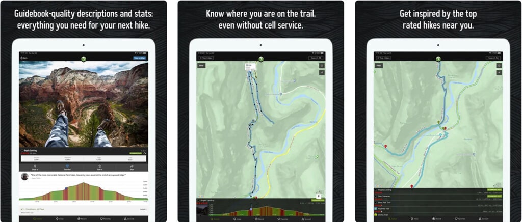 Screenshots of Hiking Project app. They show a sample of guidebook descriptions and stats for hiking, trail maps, and rated hikes.