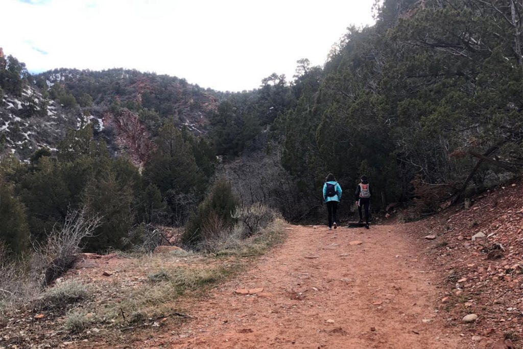 People walk up a rocky incline trail surrounded by trees. This is near the beginning of the Kanarra Falls hike.