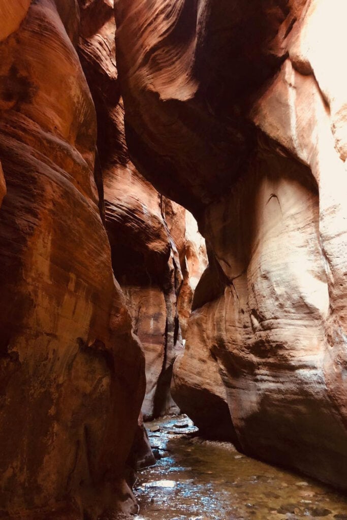 Kanarra Falls - A picturesque scene of cascading water amid red rock formations in Kanarra Creek Canyon. A serene and lesser-known destination providing a refreshing alternative to popular waterfall hikes.