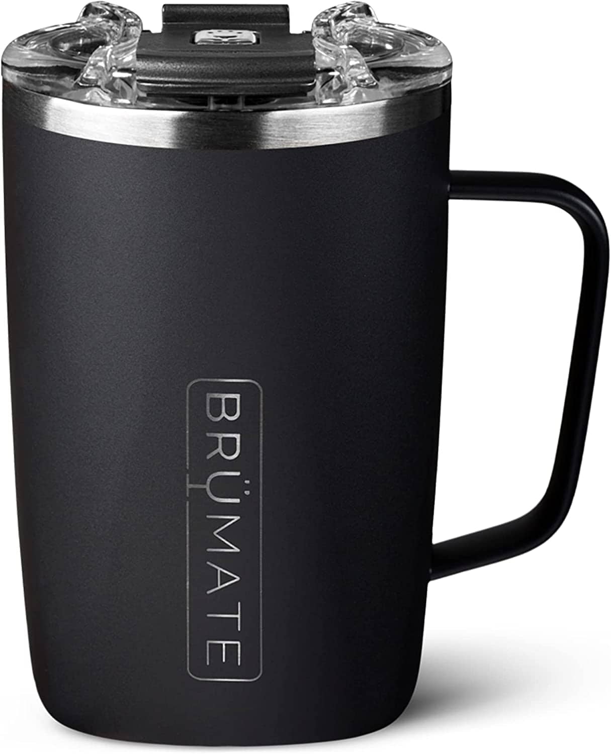 A small black travel coffee mug with leakproof lid.