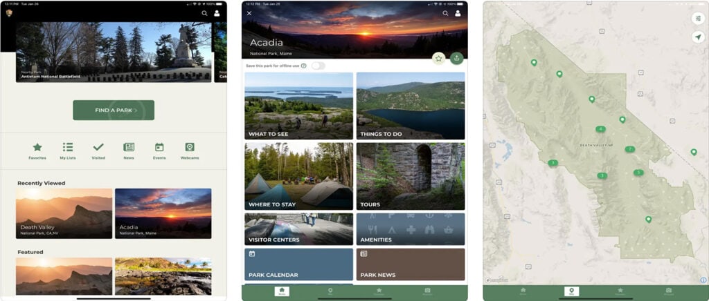 Screenshots of the National Park Service app showing a map with points of interest, park information, and nearby amenities. 