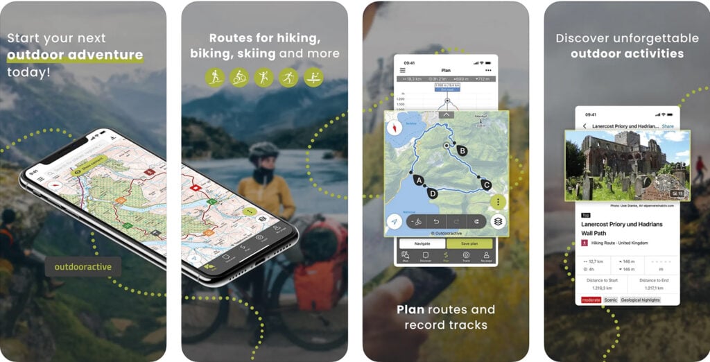 Screenshots of Outdooractive showing how you can plan routes and record tracks and also discover other outdoor activities.