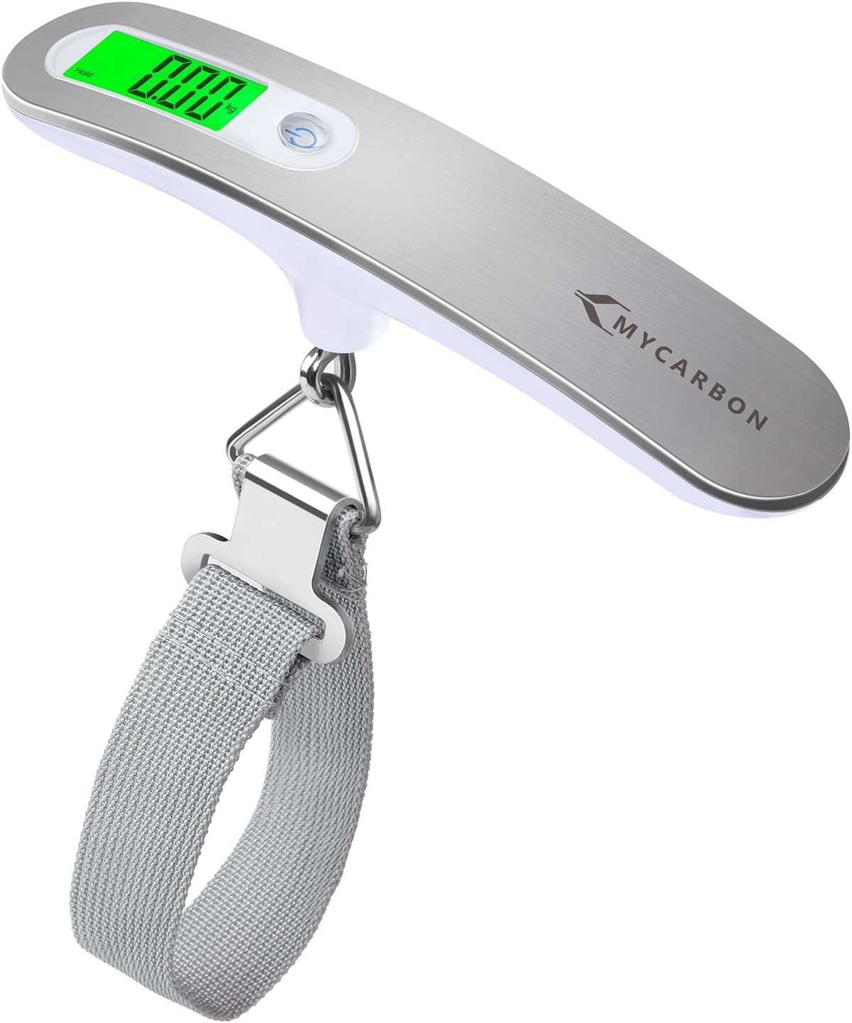 A picture of a silver, digital portable luggage scale