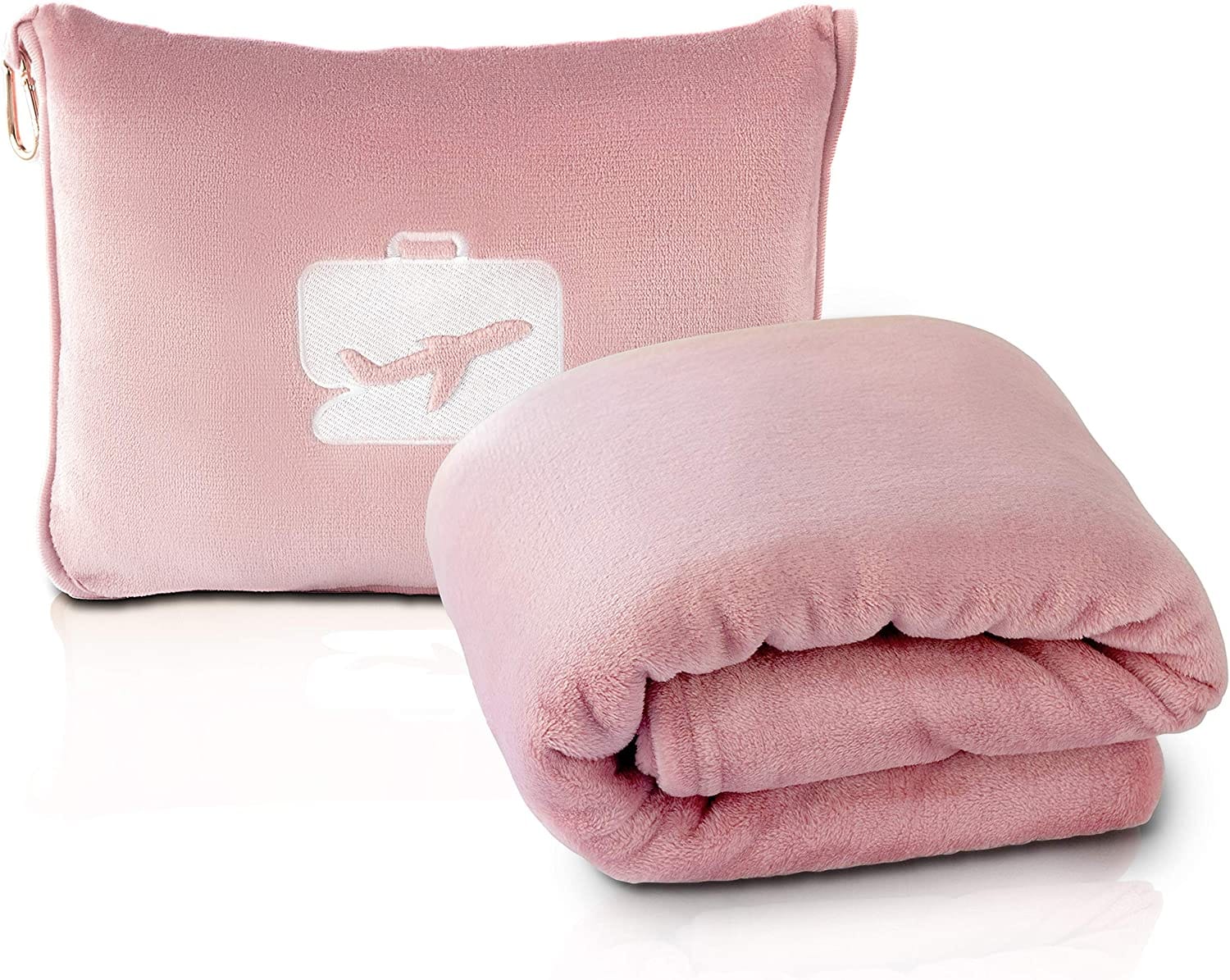 A picture of a small travel pillow. This travel pillow converts from a pillow to a blanket.