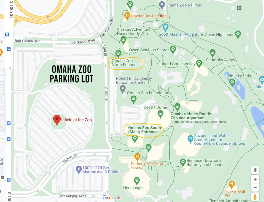 Map showing the parking lot at Omaha Zoo. The parking lot is conveniently located near both the South Entrance and the North Entrance. It provides ample parking space for visitors to park their vehicles during their visit to the zoo.