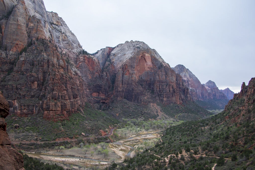 Zion National Park entrance fees. A view of the virgin river from above the cliffs.