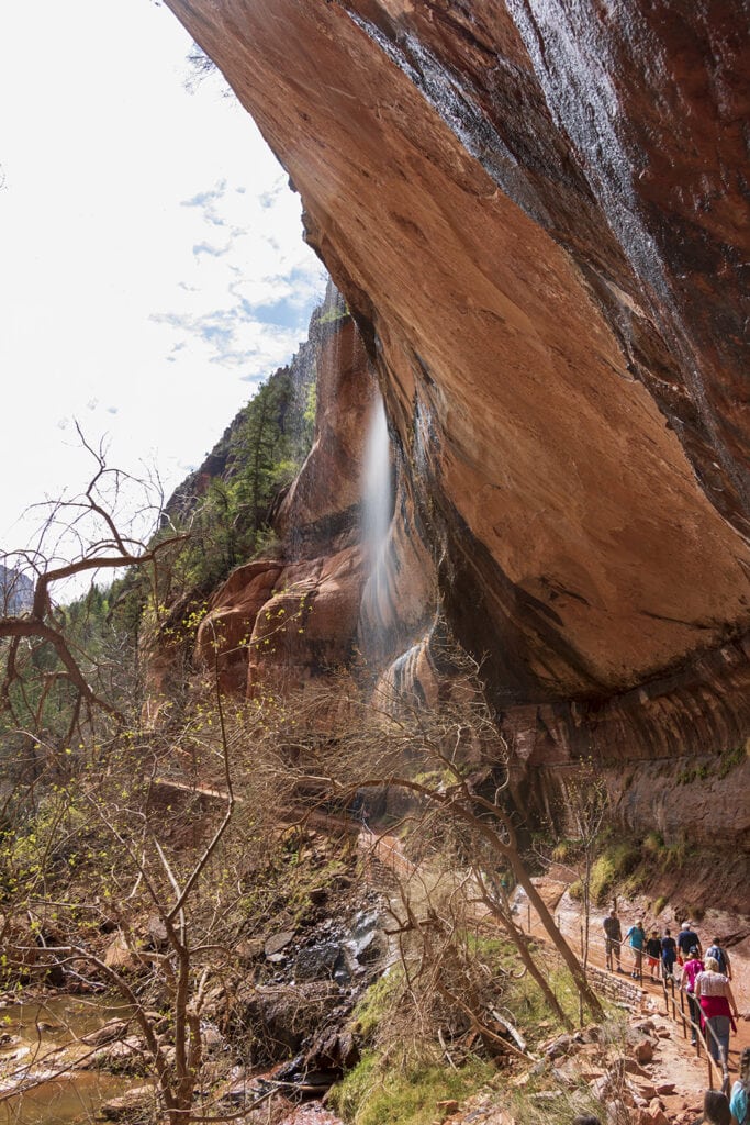 Scenic view from behind the waterfall on Lower Emerald Pool Easy Trail in Zion National Park.
zion national park's easy hikes