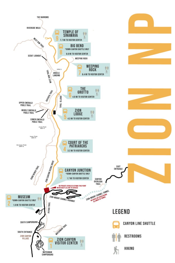 Map of Zion National Park shuttle stops and parking tips