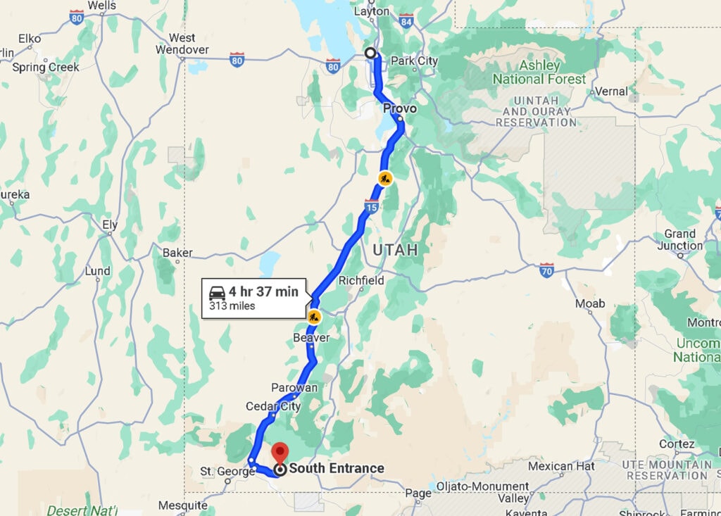MAP: SLC to Zion National Park driving route and drive time.