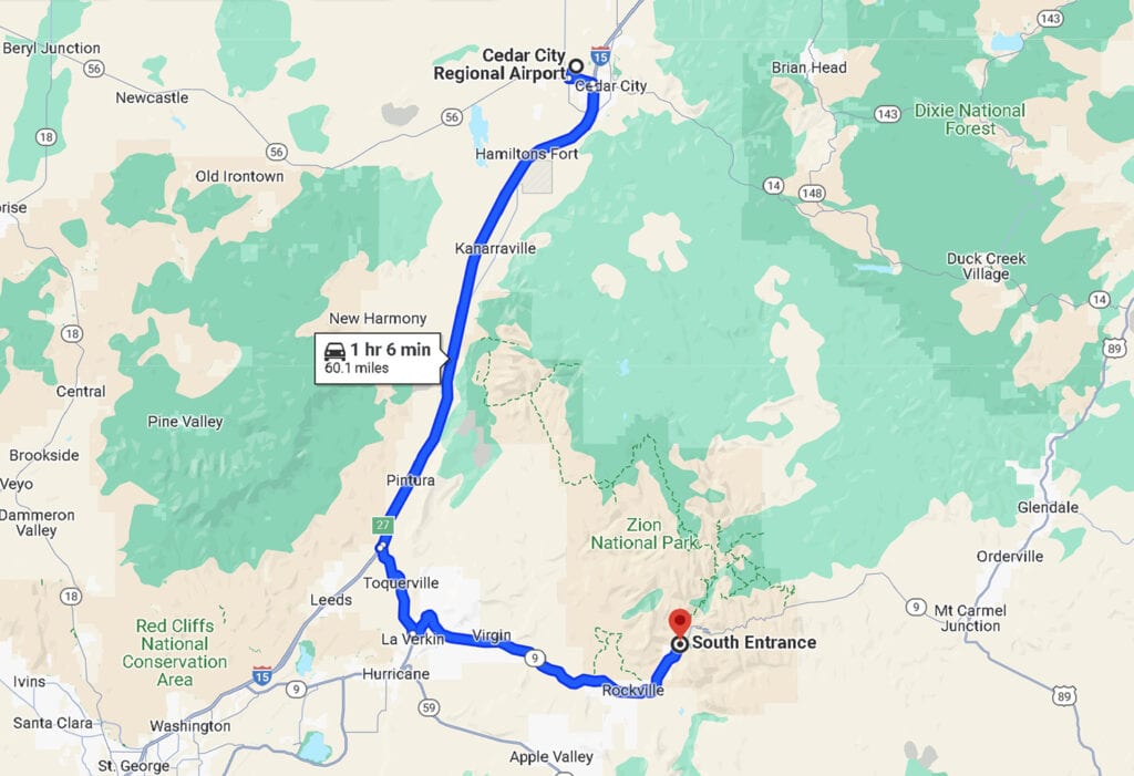 Map: Route from Zion National Park to Cedar City Regional Airport, displaying the driving directions and distance between the two locations.