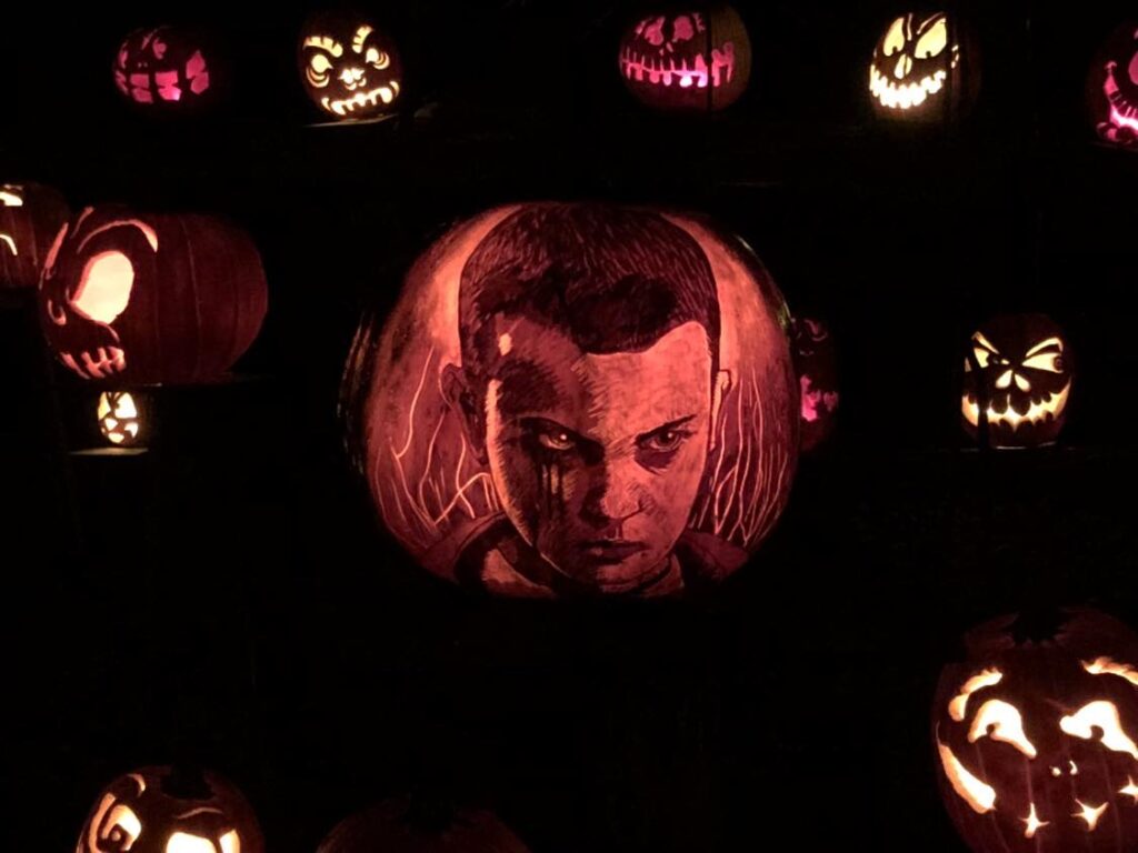 Eleven from Stranger Things intricately carved into a pumpkin by a very talented artist at the Louisville Jack O' Lantern Spectacular.