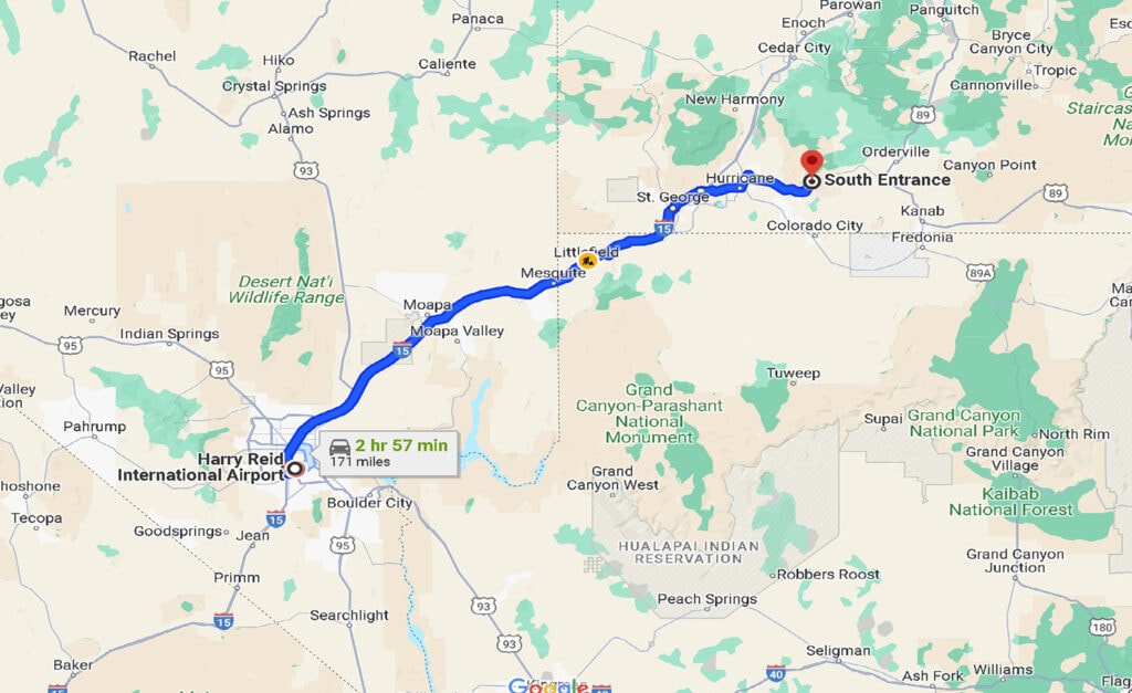 MAP: driving route from Harry Reid International Airport to Zion National Park