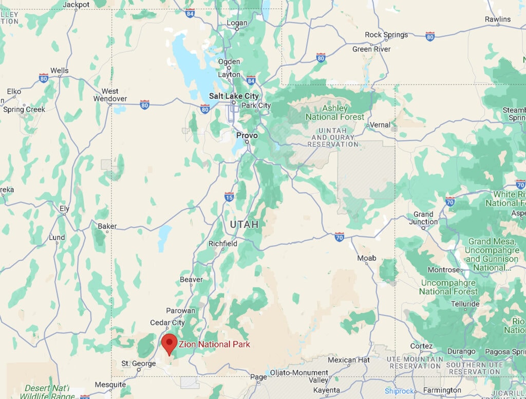 Map: Zion National Park's geographical location highlighted on a map of the southwestern United States.