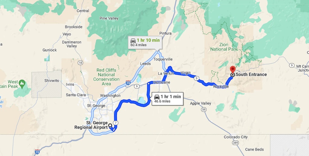 Map of driving directions from St. George Recional Airport to Zion National Park. It is about 1 hour of drive time.