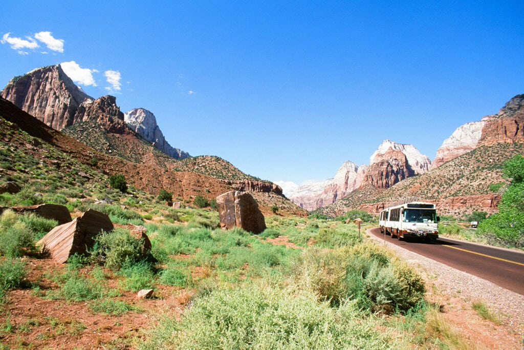 Zion National Park Shuttle: Convenient transportation option for visitors exploring the park's scenic roads and trails.