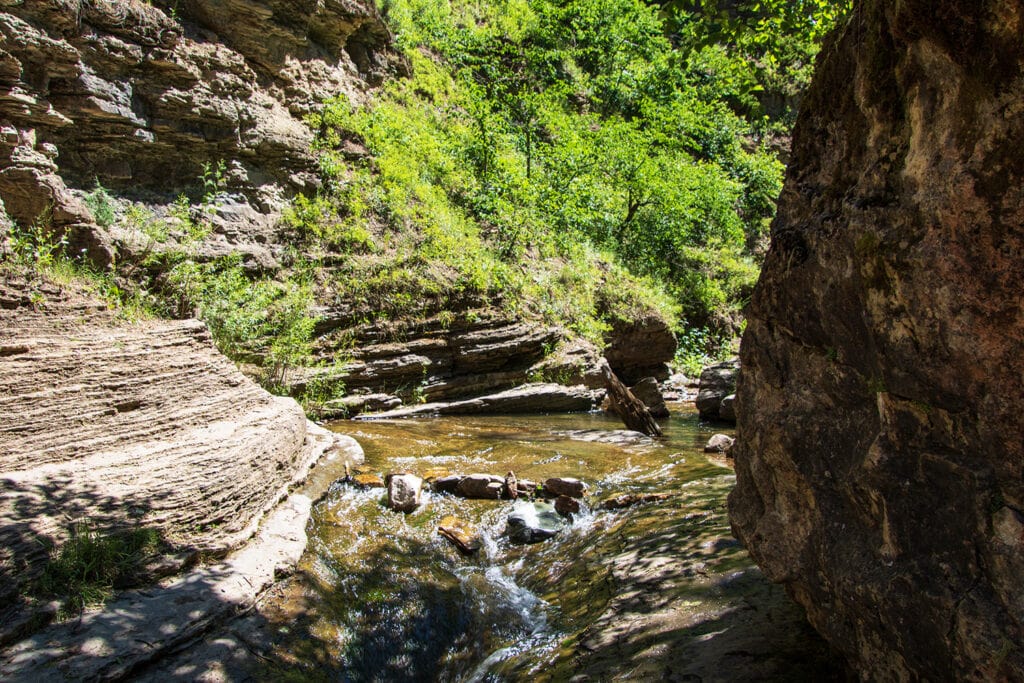 Breathtaking view of Spearfish Canyon's creek, flanked by a towering canyon wall. The tranquil waters flow amidst the stunning natural beauty of the Devil's Bathtub trail in South Dakota.