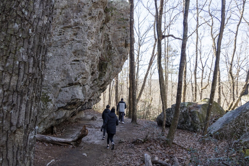 The trail to Desoto Falls. Along the way you'll hike by large rock formations.