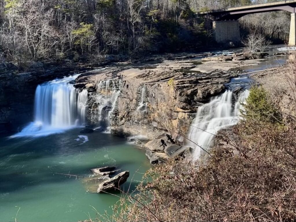View from Little River Canyon Boardwalk Overlook, showcasing the majestic landscape and cascading waterfalls of Alabama's natural wonder.