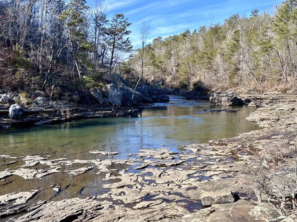 Scenic view of Little River winding through the picturesque landscape of Little River Canyon, Alabama.